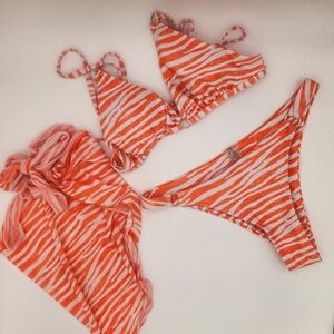 Shein Zebra Stripe 3 Piece Bikini Set Orange White XS
